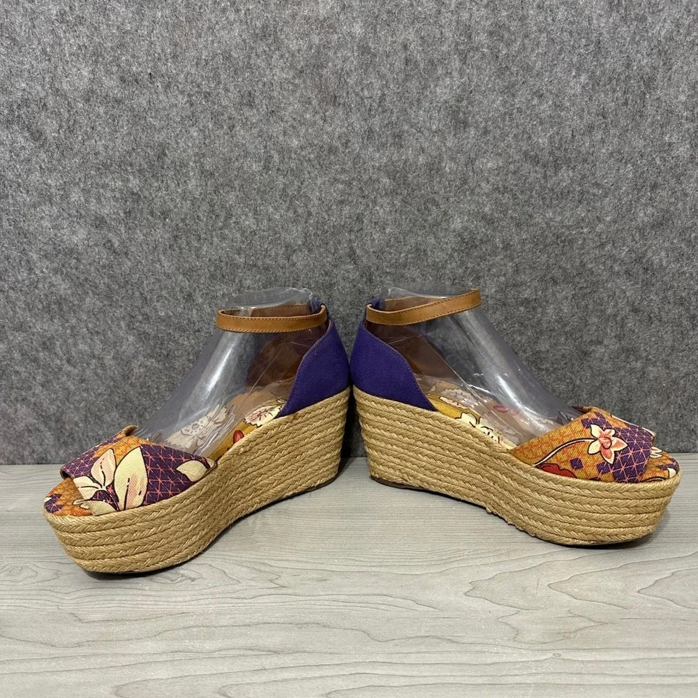 Tory Burch Sherri Mid Wedge‎ Espadrille Sandals Floral Ankle Strap Women's Sz 8